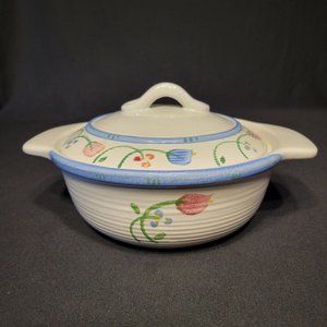 Vtg Treasure Craft Covered Casserole Dish & Lid 7.5"x3" White Blue Stripe Flower